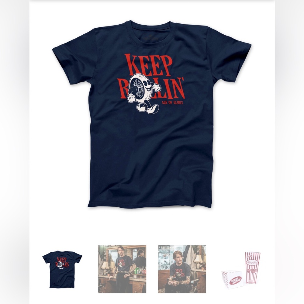 Age of Glory Keep Rollin’ Tee Navy motorcycle t-shirt, size large